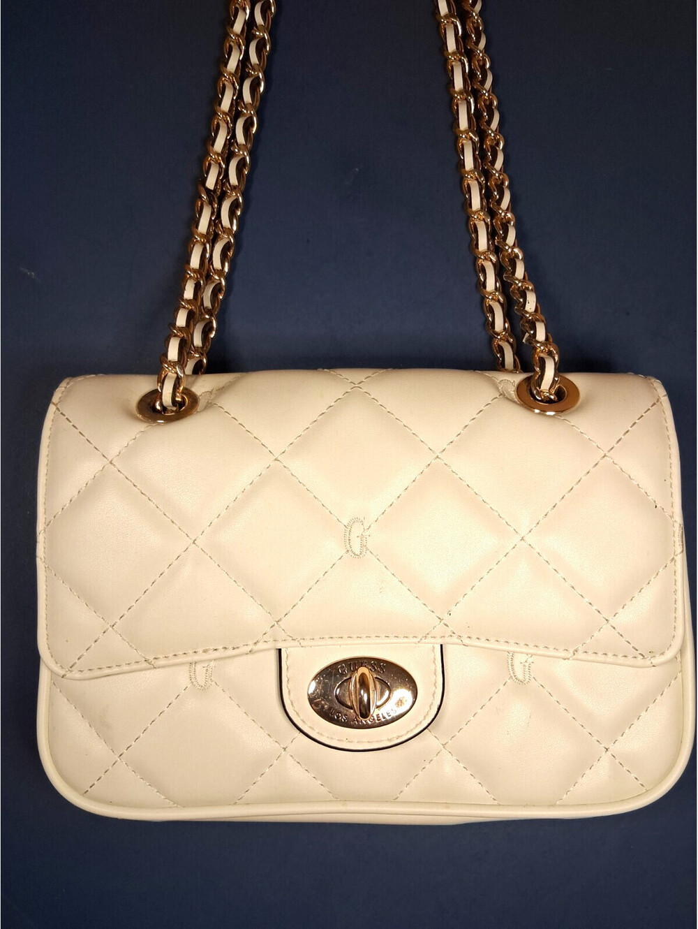 GUESS Greenberry Cream Quilted Mini Crossbody Flap Bag Gold Chain Handbag